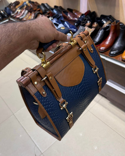 Navy Blue And Medium Brown Handbag