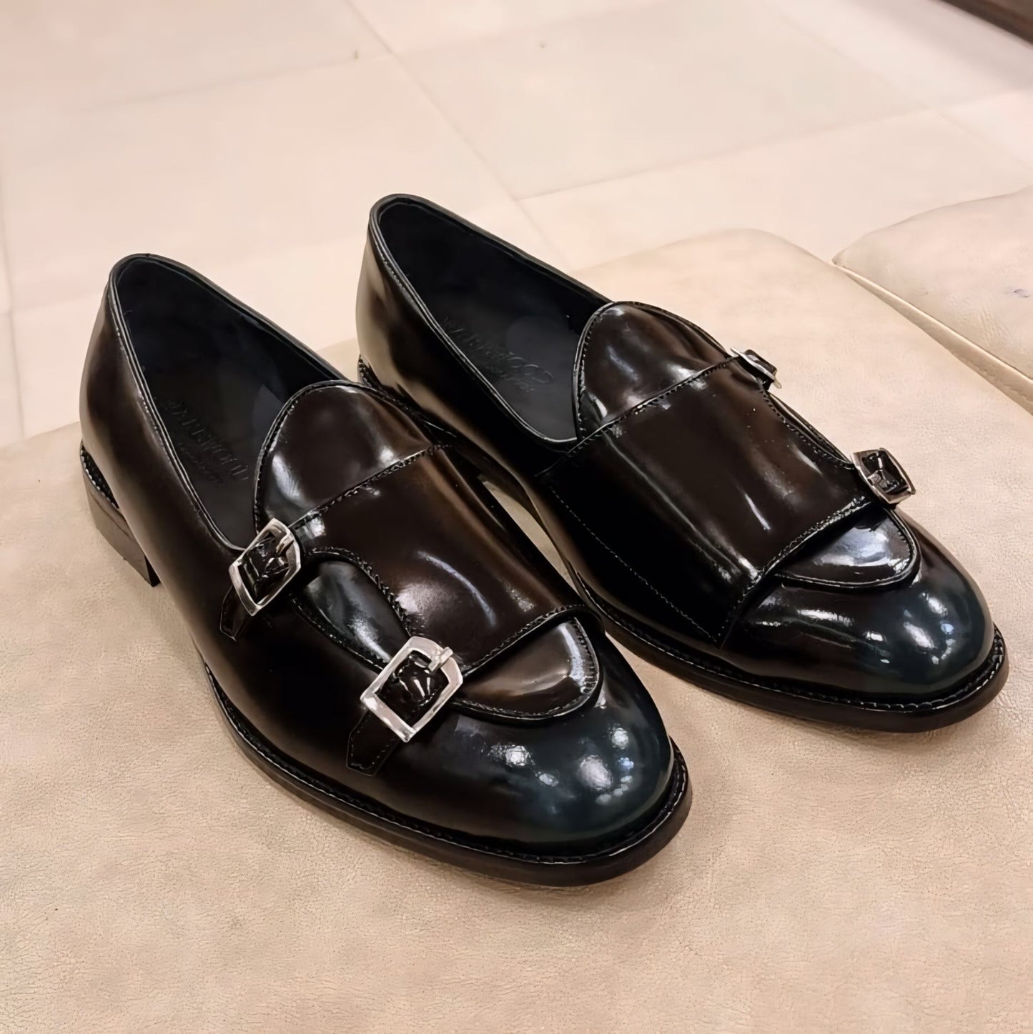 Classic Black Smooth Calf Leather Double Monk Loafers