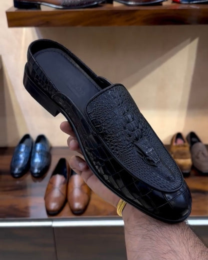 The Boss Mules in Satin Black Alligator Scaled Leather