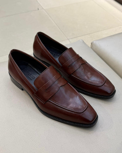Cognac Brown Square Toe Penny Loafers