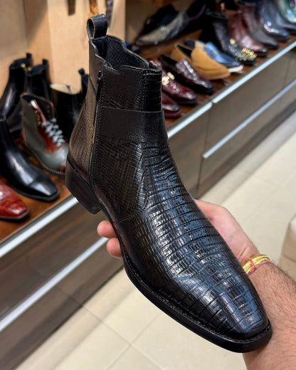 Black Lizard Scaled Leather Zip Boots