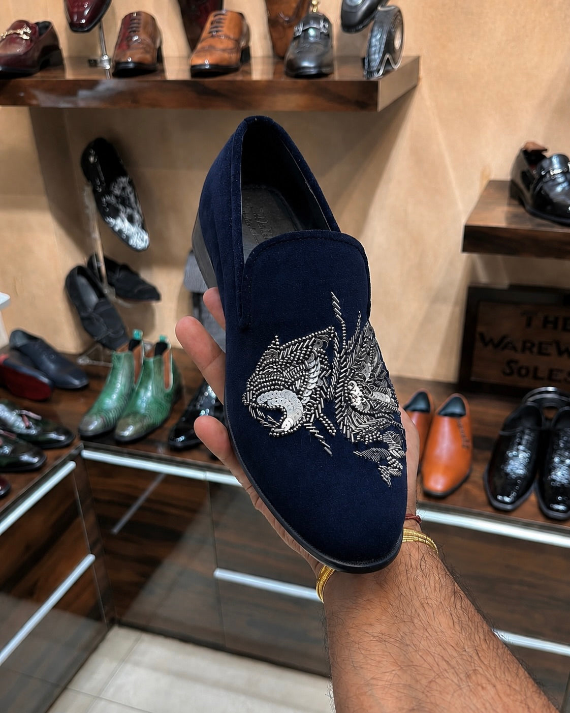 Navy Blue Suede Silver Tiger Hand-embroidered Loafers