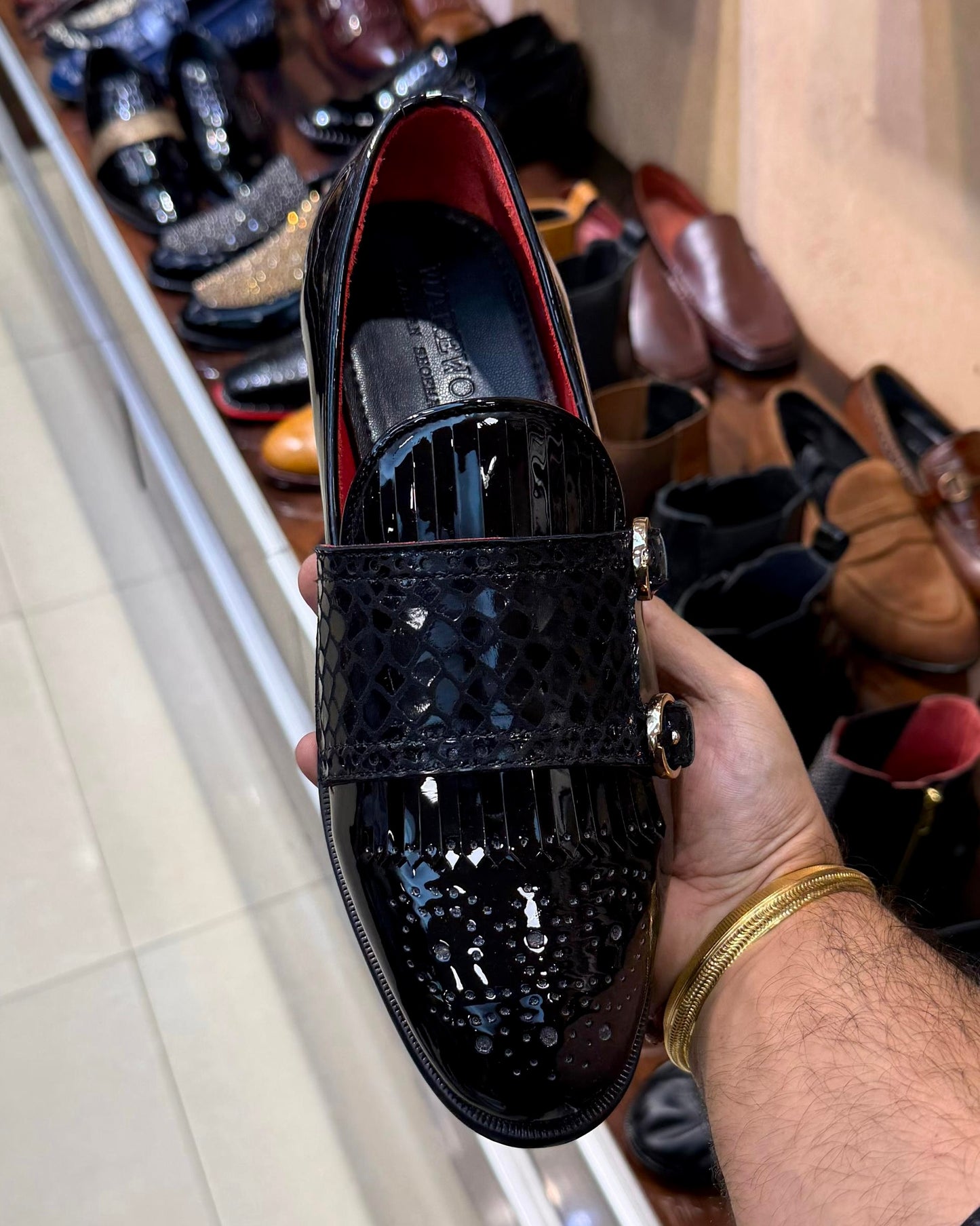 Black Patent Leather Fringe Snake Foil Monk Strap Loafers