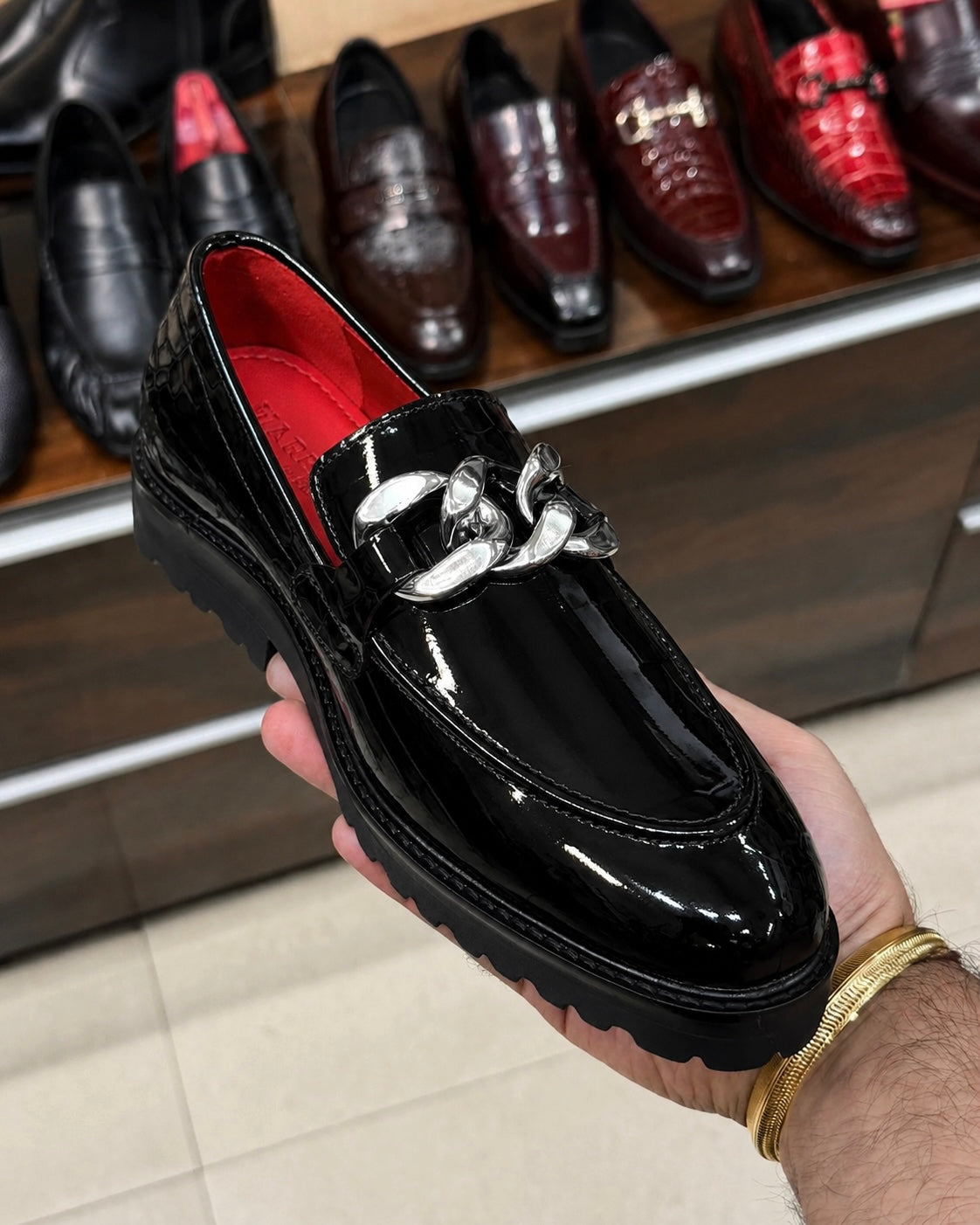 Black Patent Leather Silver Chain Buckle Loafers With Lug Sole And Red Interior