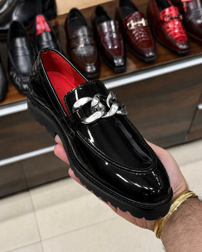 Black Patent Leather Silver Chain Buckle Loafers With Lug Sole And Red Interior