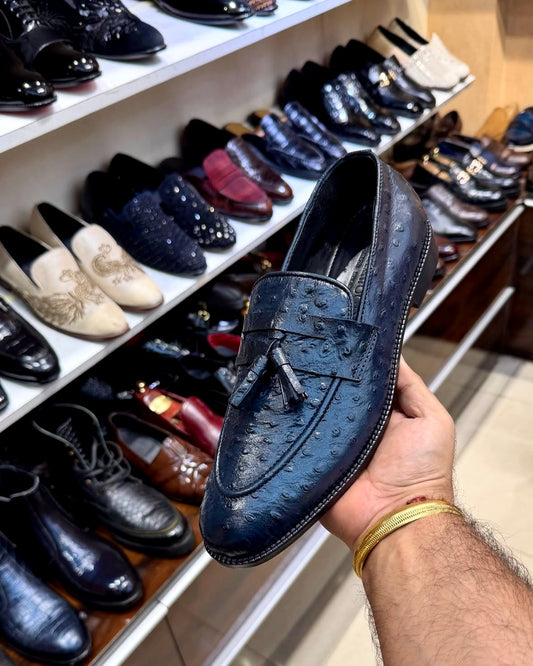 Navy Blue Ostrich Leather Tassel Loafers
