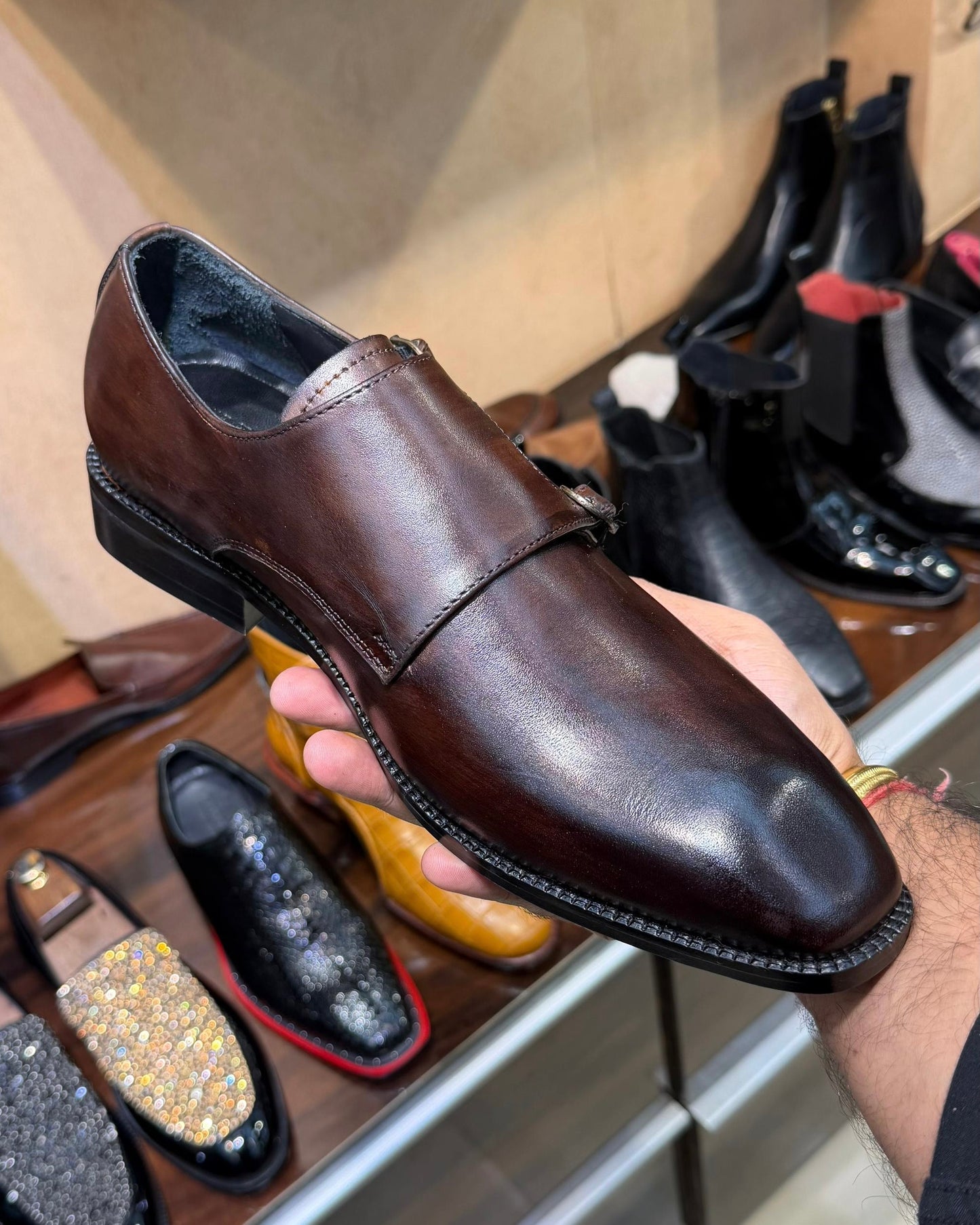 Burnished Vintage Brown Double Monk Strap Shoes