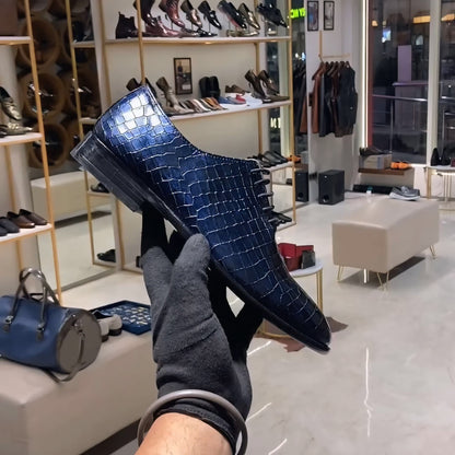 Midnight Blue Crocodile Scaled Leather Oxfords