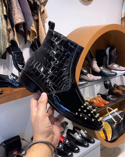 Luxe Edition Patent Croco Studded Toe Zipper Boots