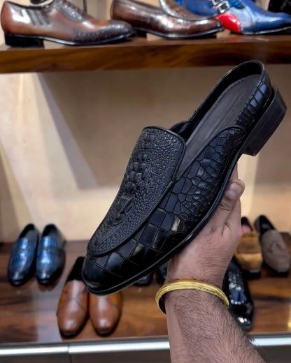 The Boss Mules in Satin Black Alligator Scaled Leather