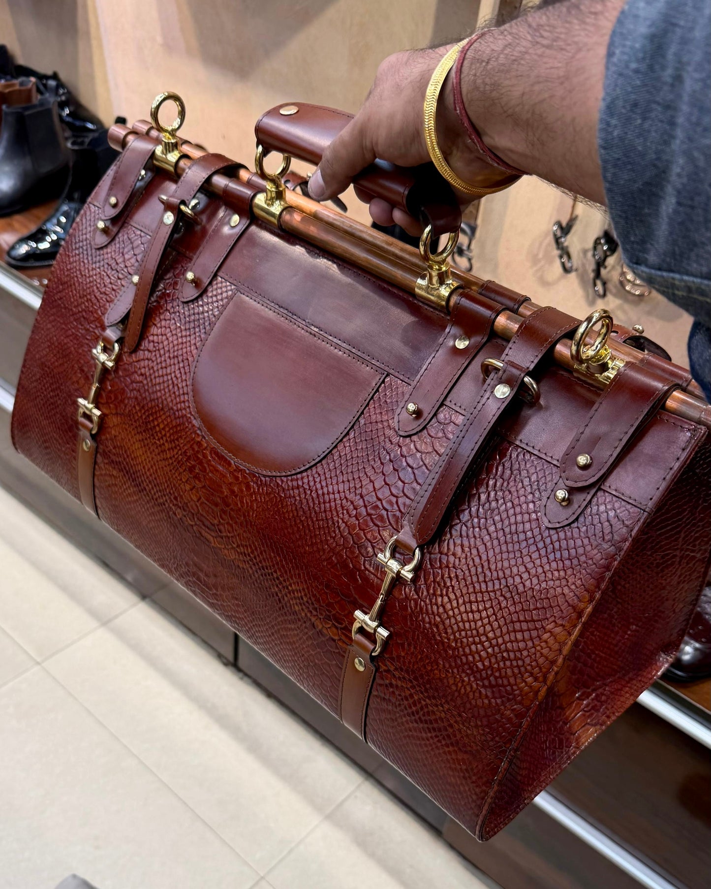 Burnished Cognac Brown Cobra Scaled Duffle Bag