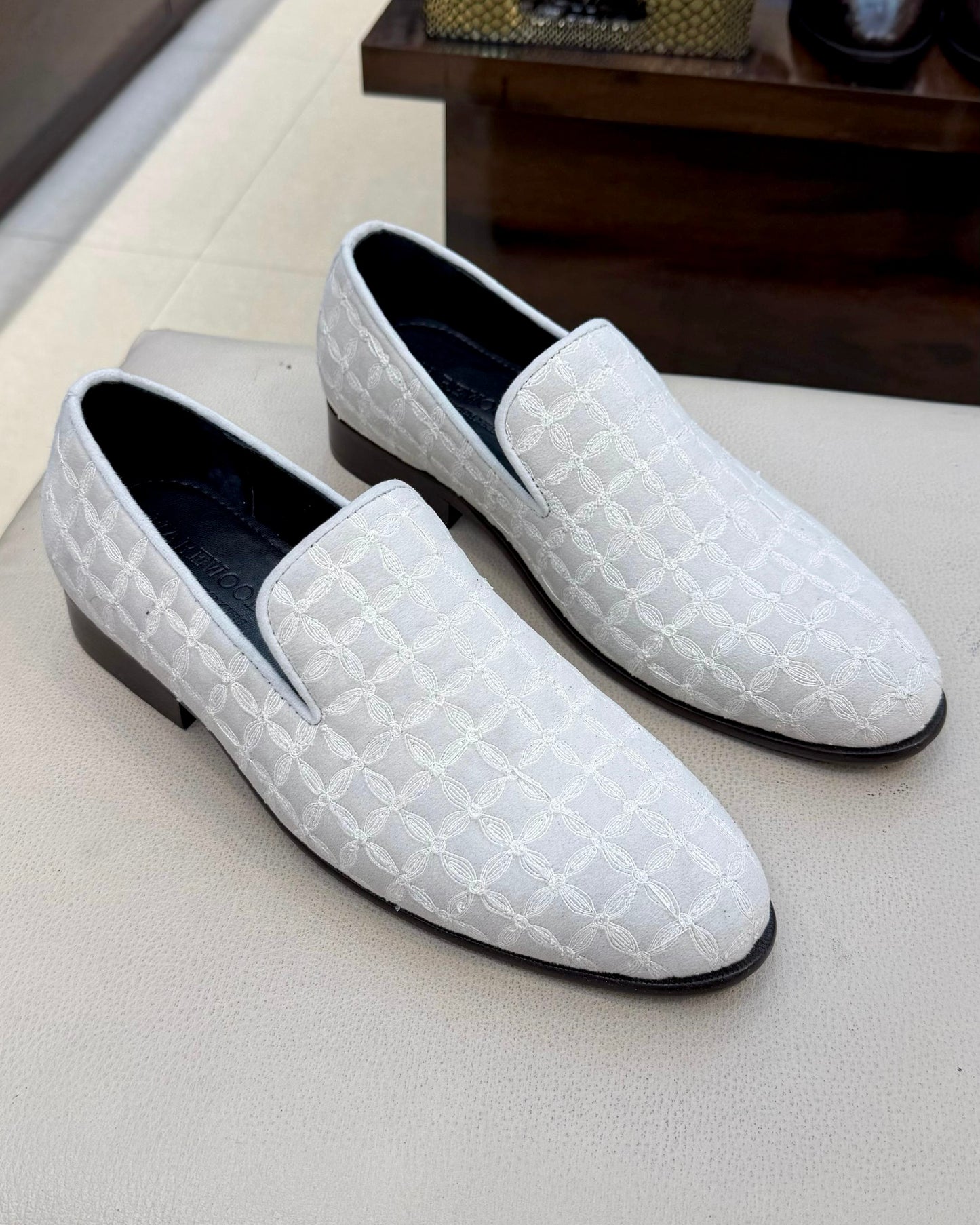 White Velvet Floral Embroidery Loafers
