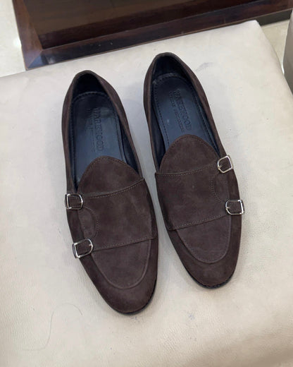 Classic Brown Suede Double Monk Italian Loafers