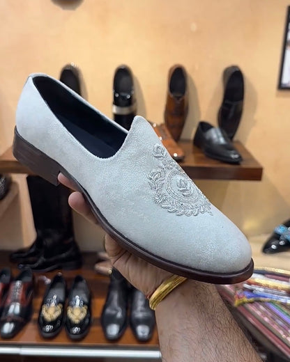 Off-white Suede Mojaris with Brown Wood Sole