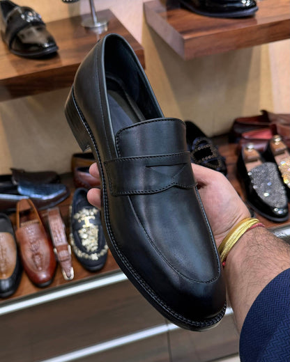 All Black Penny Loafers with Round Toe