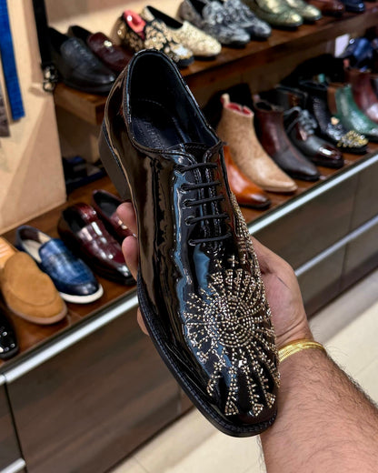 Black Patent Leather Gold Hand-embroidered Oxfords