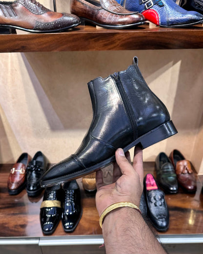Classic Black Calf Leather Zipper Boots