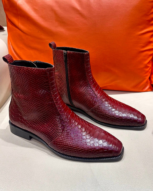Burgundy Cobra Scaled Zip Boots