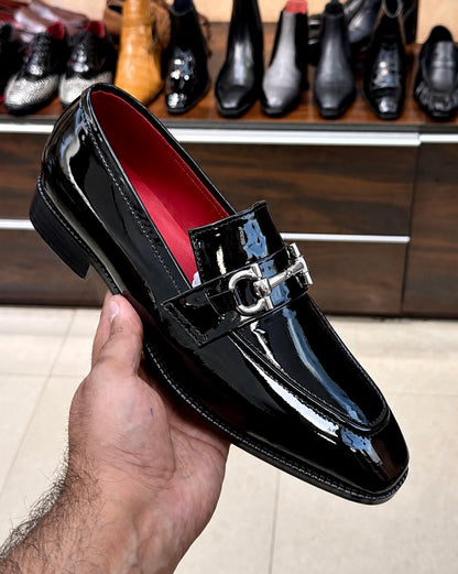 Black Patent Leather Silver Horsebit Loafers With Red Interior