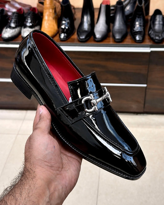 Black Patent Leather Silver Horsebit Loafers With Red Interior
