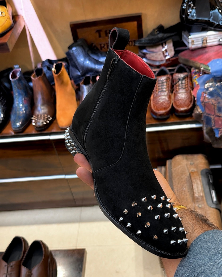 Black Suede Studded Toe & Heel Boots With Red Bottoms