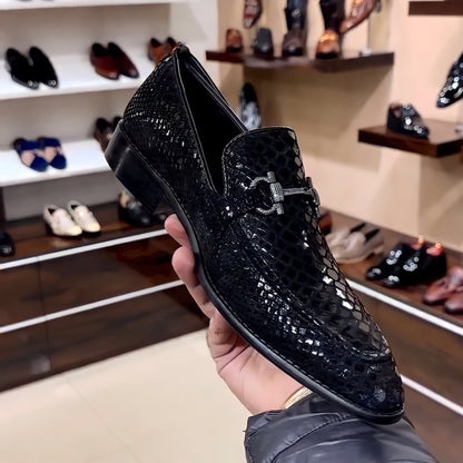 Mirror Gloss Exotic Black Snake Foil Moccasins