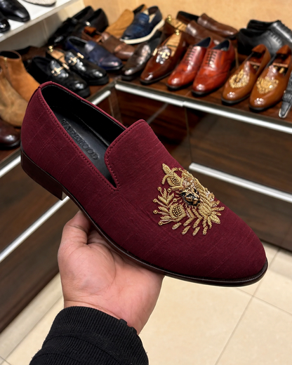 Burgundy Raw Silk Hand-embroidered Loafers