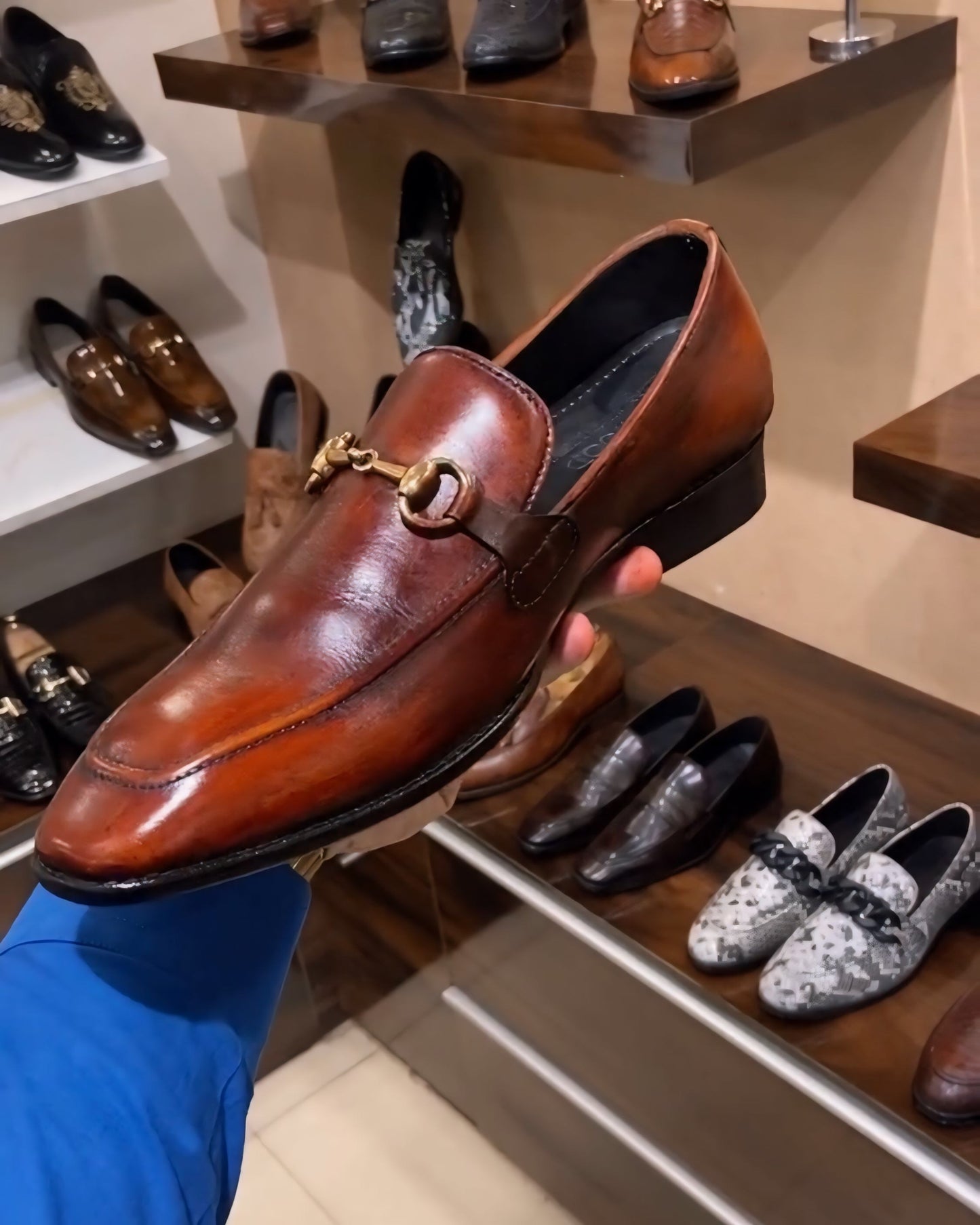 Cognac Patina Italian Crust Leather Loafers
