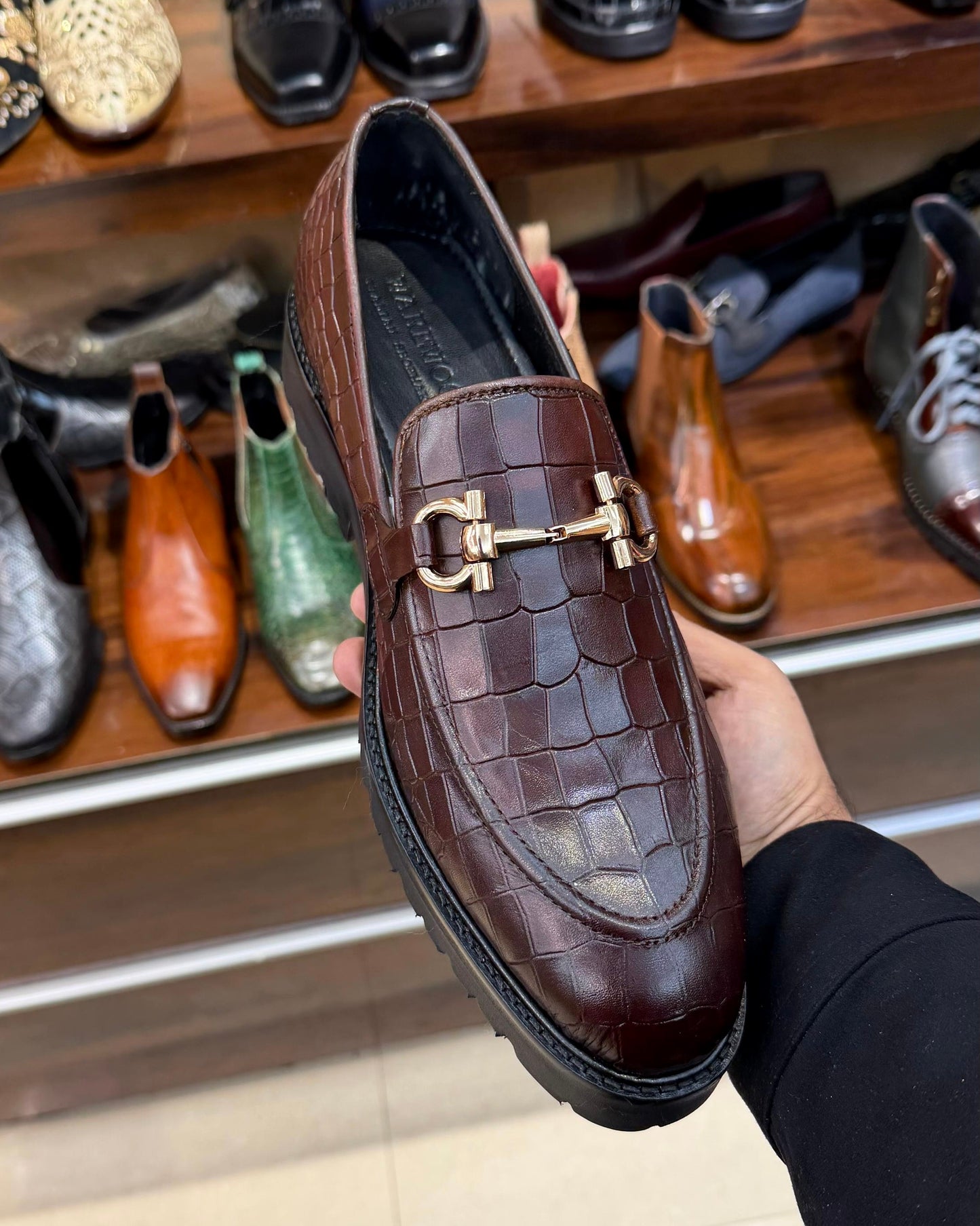 Brown Deep-cut Crocodile Scaled Horsebit Loafers with Lug Sole