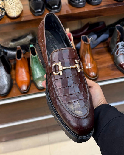 Brown Deep-cut Crocodile Scaled Horsebit Loafers with Lug Sole