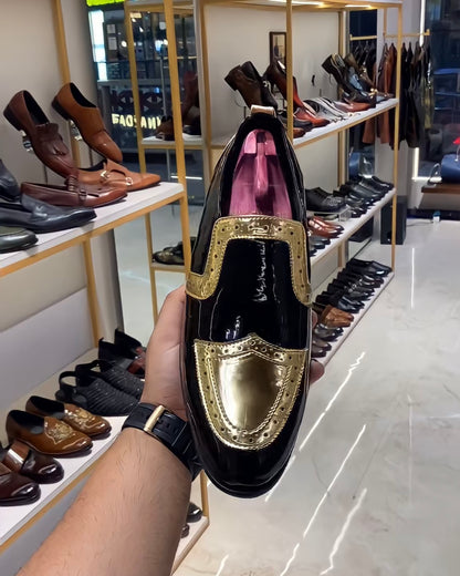 Gold Wingtip Patent Leather Slip-on Oxfords