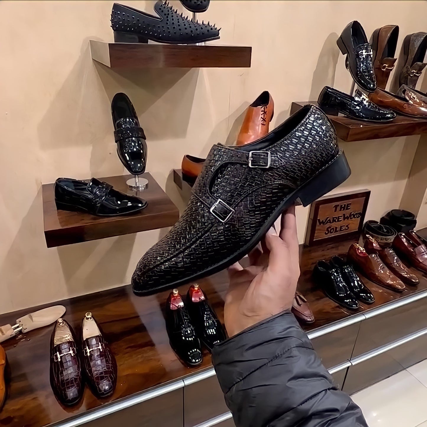 Black Braided Leather Double Monks