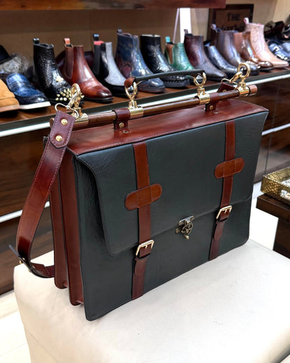 Signature Tan & Olive Green Laptop Bag with Brass Fittings