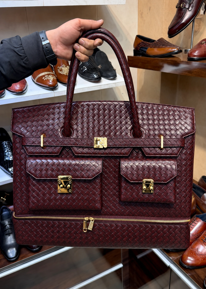 Burgundy Hand-Woven Leather Travel Bag with Bottom Shoe Compartment