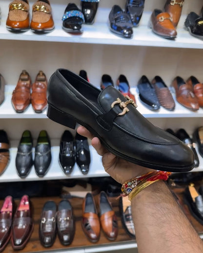 Classic Black Calf Skin Leather Loafers with Gold Buckle