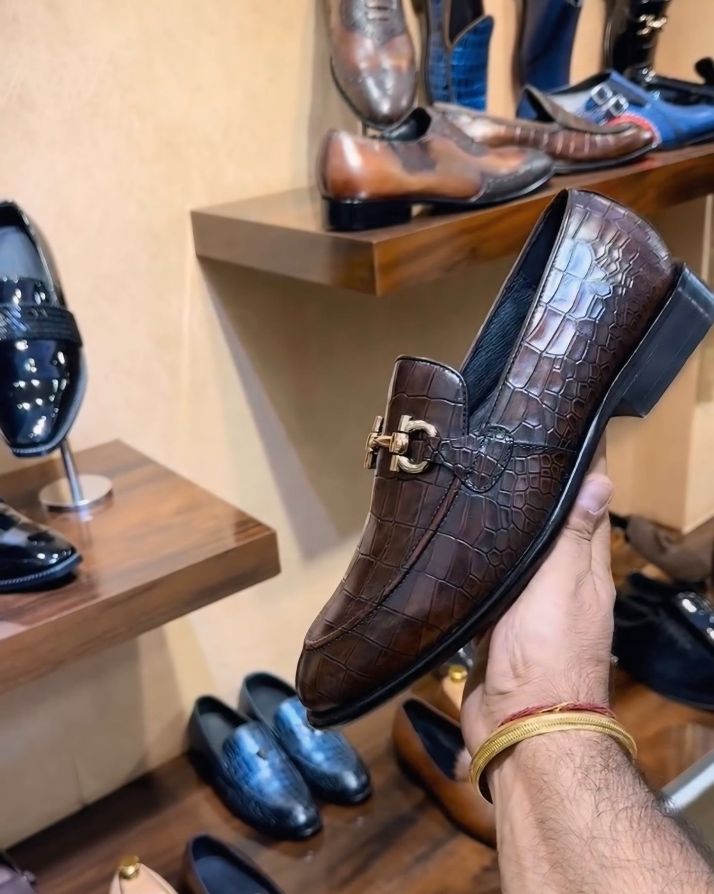 Patina Brown Crocodile Scaled Moccasins with Gold Buckle