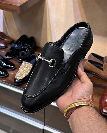 Black Calfskin Leather Mules With Silver Horsebit