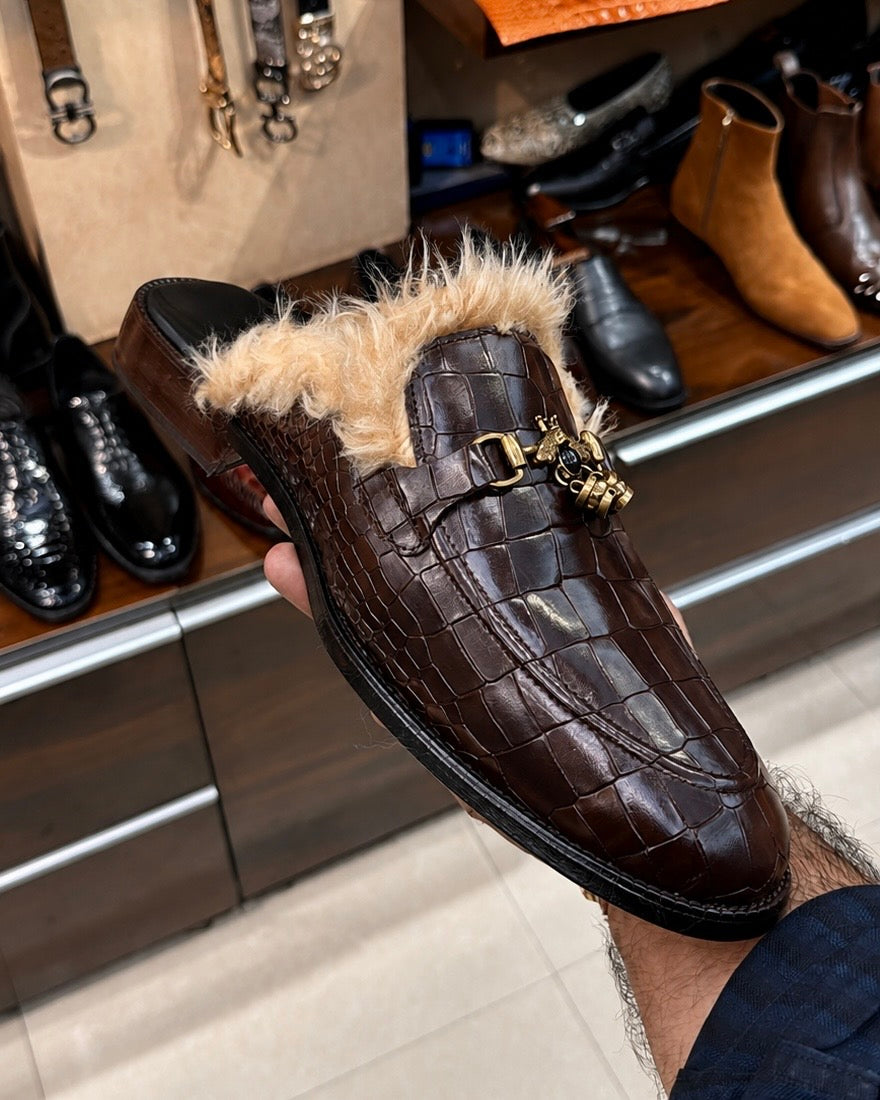 Brown Crocodile Fur Mules