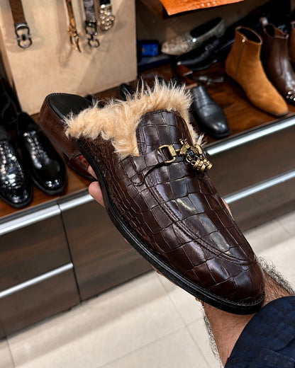 Brown Crocodile Fur Mules