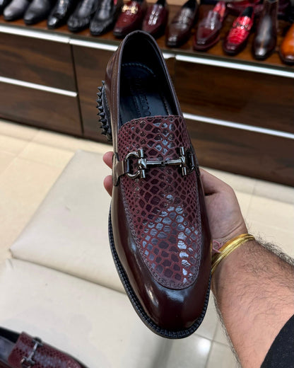 Exotic Burgundy Spectator Horsebit Loafers with Studded Heel