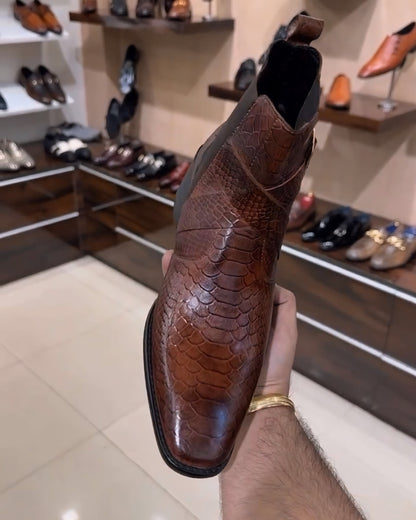 Burnished Cobra Scaled High-heel Chelsea Boots