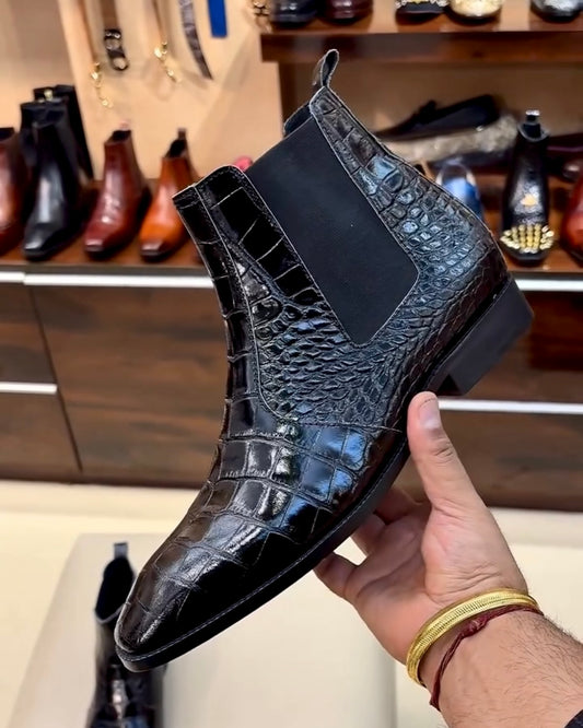 Jet Black Italian Crocodile Scaled Leather Boots with Side Zip