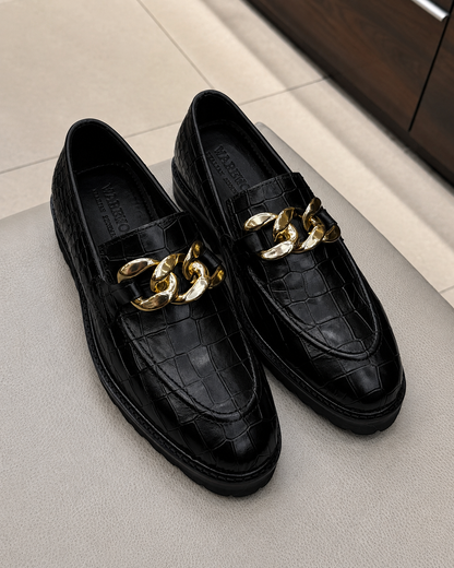 Black Crocodile Chunky Loafers With Gold Chain