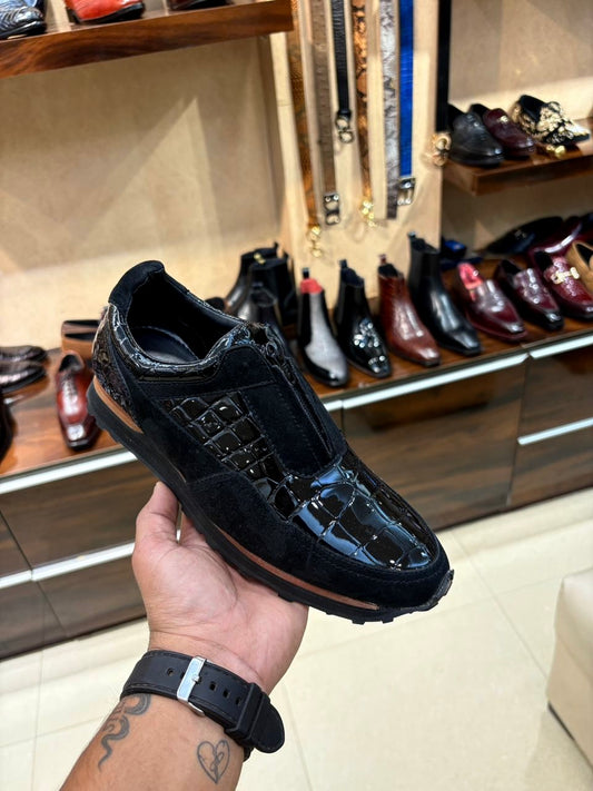 Black Suede & Black Patent Croco Zipper Sneakers
