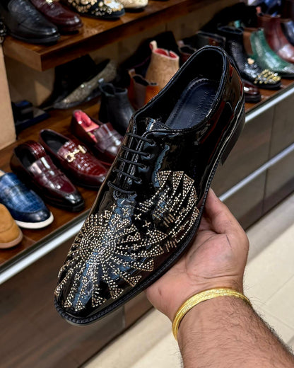 Black Patent Leather Gold Hand-embroidered Oxfords