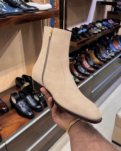 High-top Beige Suede Boots With Cuban Heel