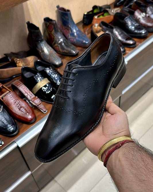 Black Italian Leather Whole-cut Oxfords with Broguing Details