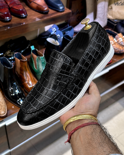 Black Crocodile Scaled Yacht Loafers