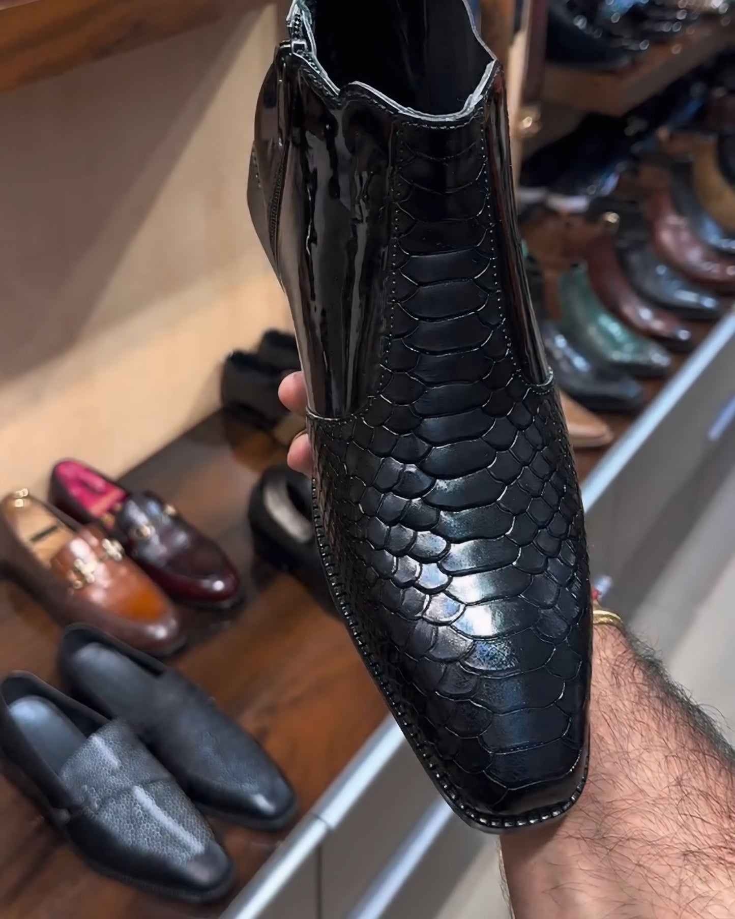 Black Mirror Gloss Cobra Scaled Low-top Zip Boots