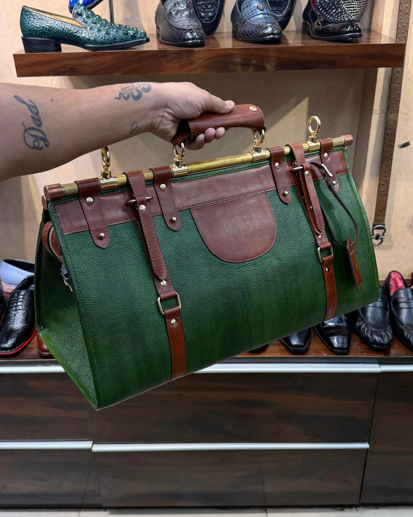 Green And Brown Duffle Bag With Zip Lock
